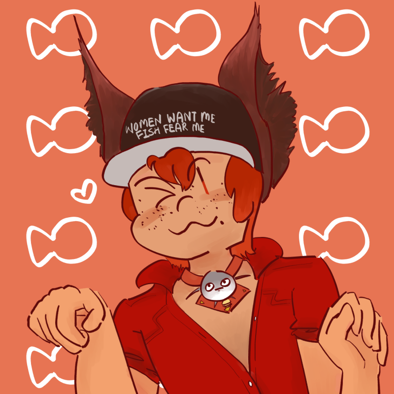 bust up drawing of cathan, an OC from final fantasy online, against an orange background with a fish symbol pattern. he has fluffy cat-like brown ears, a brown cap saying 'women want me, fish fear me,' red shoulder length hair with a winking cat-like face and freckles, a red popped collar t-shirt with open v-neck and catfish face necklace. he is doing a cat pawing pose with his hands.